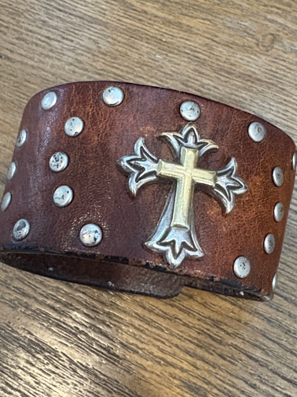 Men's Brown Leather Studded Cuff Bracelet with Cross Accent - Picture 2 of 4